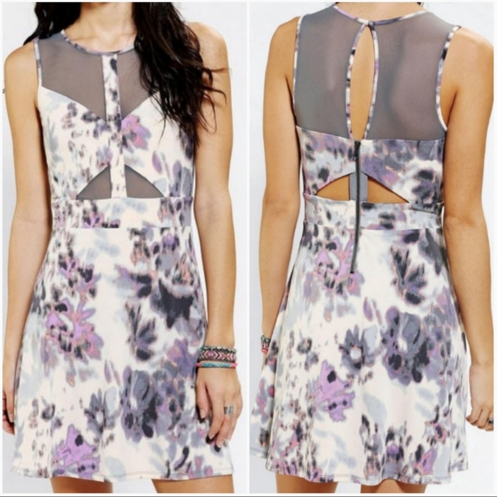 Urban Outfitters Silence Noise Dress M Floral cutout Mesh Inset Skater Gray